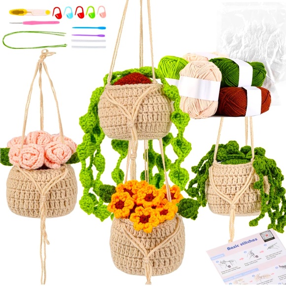 Other - NEW! Crochet Kit Beginners Video Lessons 4 PC Cute Potted Plants Yarn Tassels
